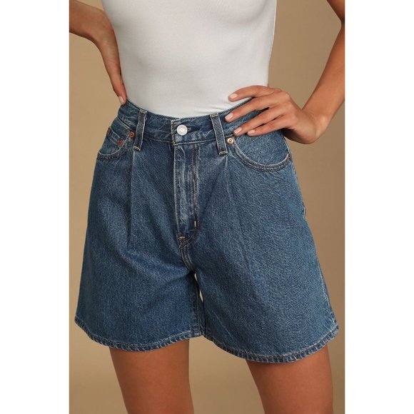 Levi's Pleated Ribcage Denim Shorts Ultra High Rise Waisted Preppy Now And Then - Picture 3 of 15